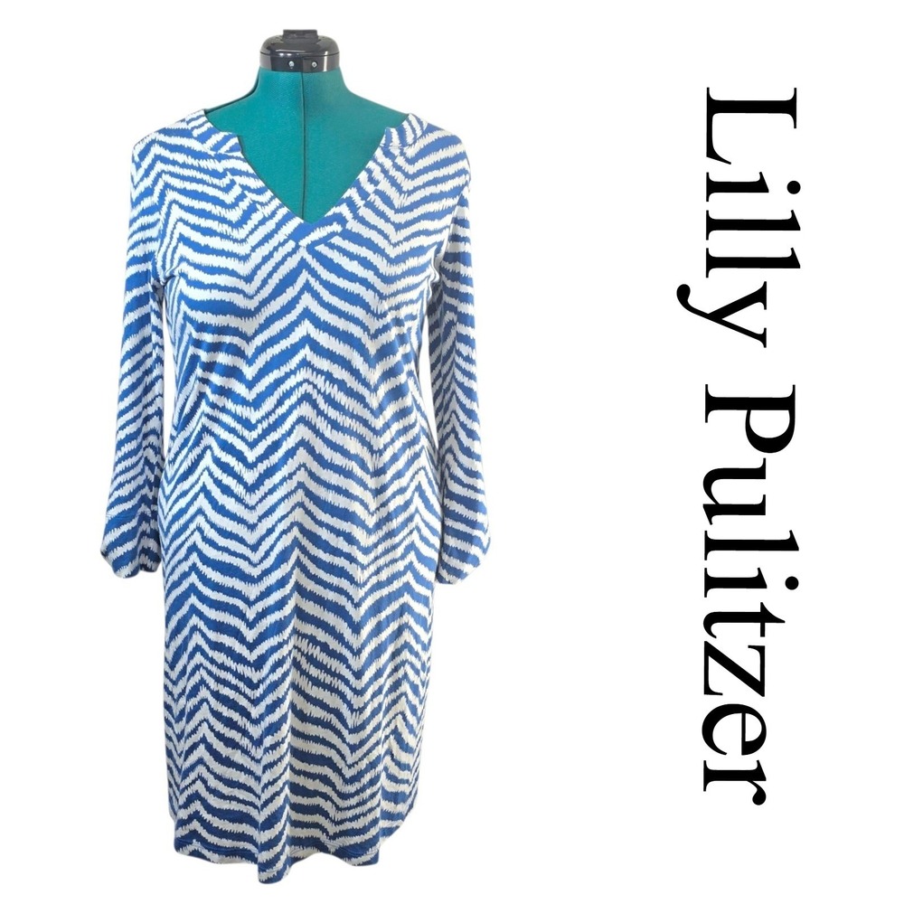Lilly Pulitzer Dress Medium Blue White Pima Cotton Long Sleeve V Neck
